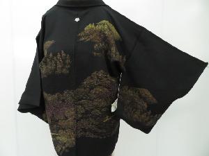 リサイクル　黒羽織　金属糸　遠山に樹木文　一つ紋入り　絵羽羽織